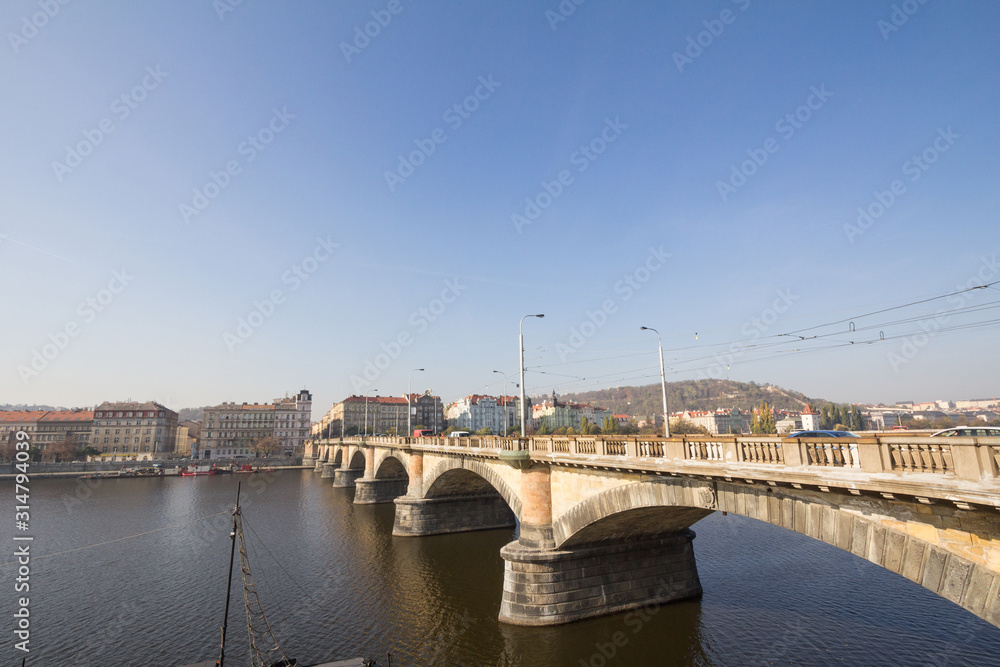 Palacky bridge, also called Palackeho Most, in Prague, Czech Republic, over the Vltava river, with a view of the Smichov and Andel districts, in the city center of the city