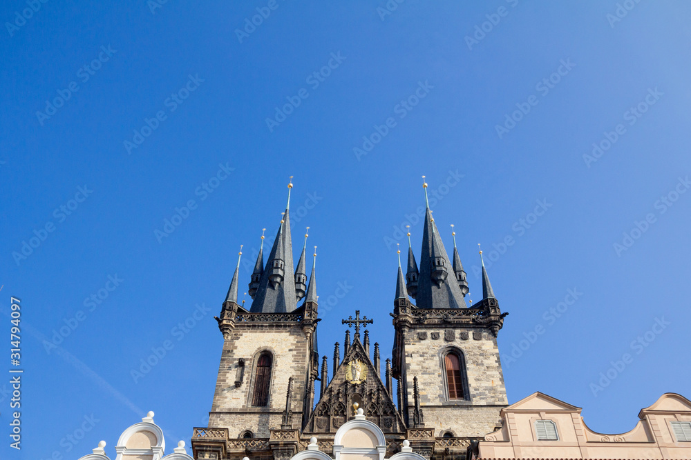 Prague Cathedral seen from below, in Old Town. Also called The Church of Mother of God before Tyn, or chram matky bozi pred tynem, it is a major landmark of the Czech capital. Prague Cathedral seen from below, in Old Town. Also called The Church of Mother of God before Tyn, or chram matky bozi pred tynem, it is a major landmark of the Czech capital.