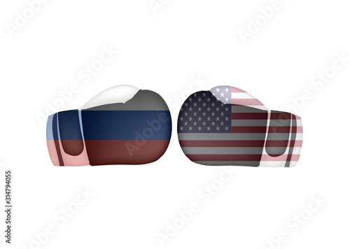 USA VS Russian conflict, Boxing gloves with United states of america and the Russian Federation flag, boxing battle concept, sign symbol background, vector illustration.