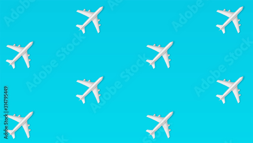 Abstract pattern from flying airplanes on blue background. Realistic 3d planes in chess order. Vector illustration, eps10.