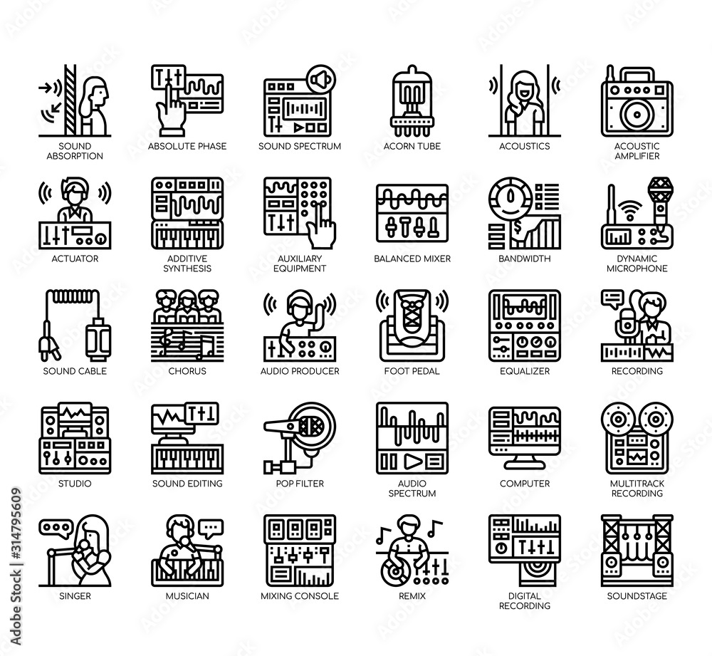 Set of sound studio thin line and pixel perfect icons for any web and app project.