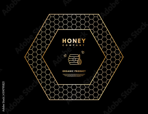 Honey logo with gold gradient honey bee, beehive and honey stick in frame hexagon. 