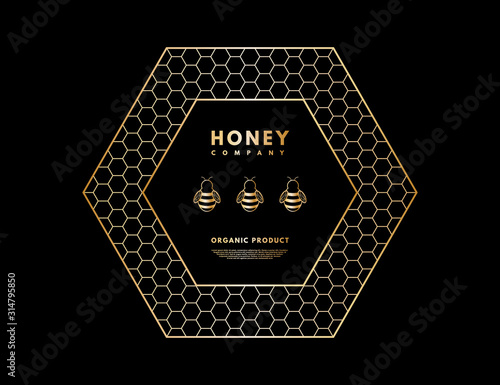 Honey logo with gold gradient honeybee in frame hexagon.