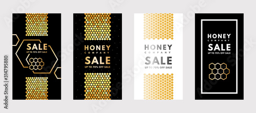 Vector set of social media stories Sale Honey gold gradient honeycombs.