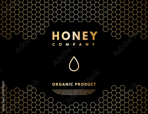 Honey logo with gold gradient honey drop in frame honeycombs.