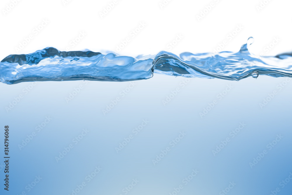 Obraz Chlapnięcie wodą. Aqua płynąca falami i tworząca bąbelki. Krople na powierzchni wody są świeże i czyste. na białym tle.