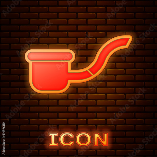 Glowing neon Smoking pipe with smoke icon isolated on brick wall background. Tobacco pipe. Vector Illustration