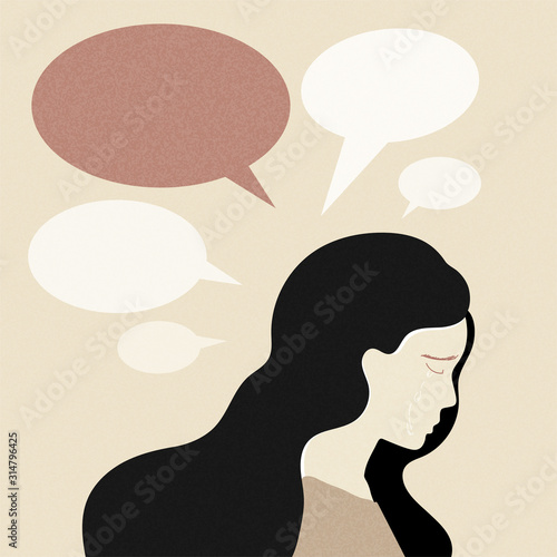 Sad and crying young woman surrounded with message icons. Concept of Cyber bullying, Blaming, Many thoughts when sad. Flat cartoon style. Vector illustration.