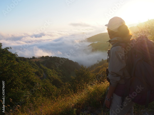 Beautiful sunrise on the road to Santiago de Compostela, Camino de Santiago, Way of St. James, Journey from O Cebreiro to Calbor, French way, Spain