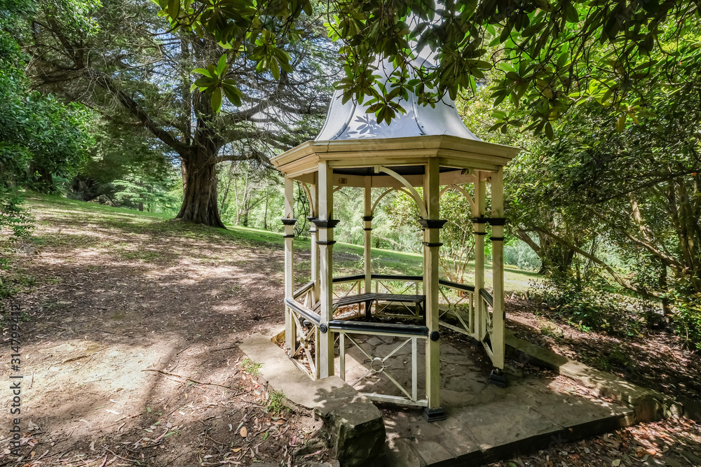 wooden gazebo in the forest