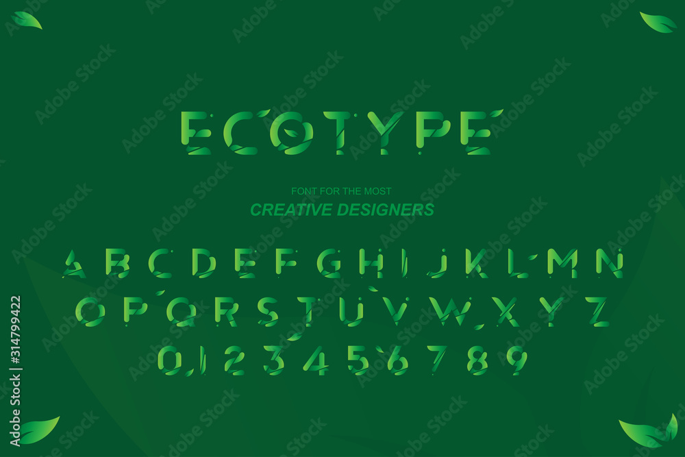 Green Eco original bold font alphabet letters and numbers for creative design template for logo. Flat illustration EPS10 Green Eco original bold font alphabet letters and numbers for creative design template for logo. Flat illustration EPS10