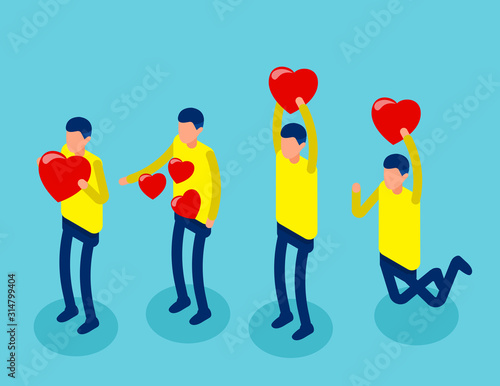 Together in joy holding emotions for togetherness. Fall in love concept. Isometric cartoon vector illustration