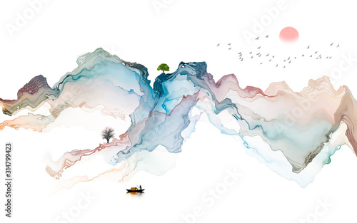 Fototapeta Atrament dekoraci krajobrazu abstrakta linii plakata ilustracyjny tło