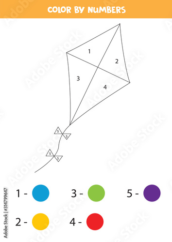 Color kite by numbers. Coloring page for kids.