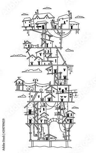 Fototapeta Naklejka Na Ścianę i Meble -  Freehand drawing fantasy multilevel bungalow. Multi-storey wooden, house sketch. Exterior cartoon holiday resort. Print background. Hand drawn line.