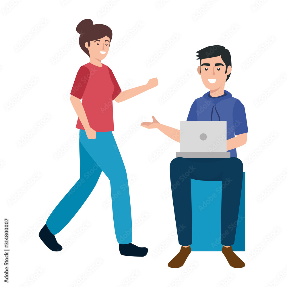 young couple with laptop isolated icon vector illustration design