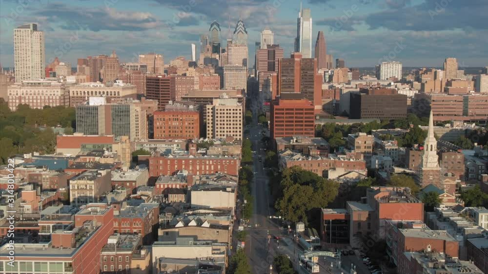 Aerial: Philadelphia city skyline at sunrise, Pennsylvania, USA Aerial: Philadelphia city skyline at sunrise, Pennsylvania, USA