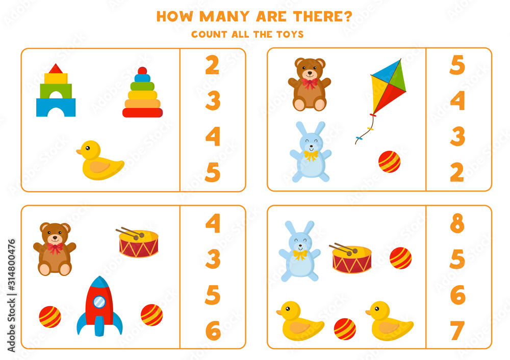 Count how many toys are there. Math game for kids.
