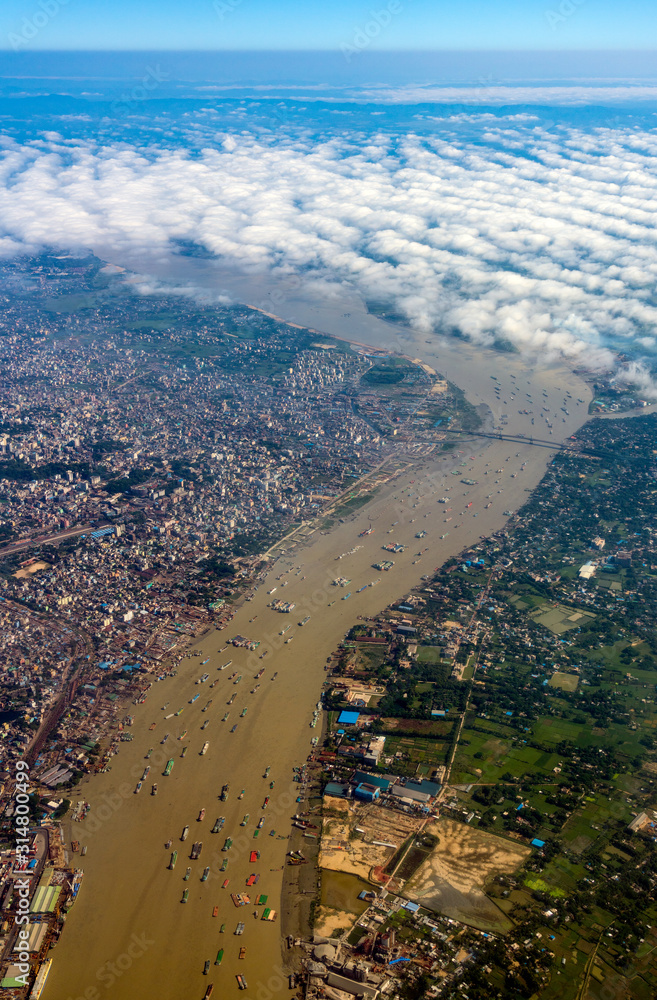 Aerial view of karnaphuli river at Chittagong city, Bangladesh