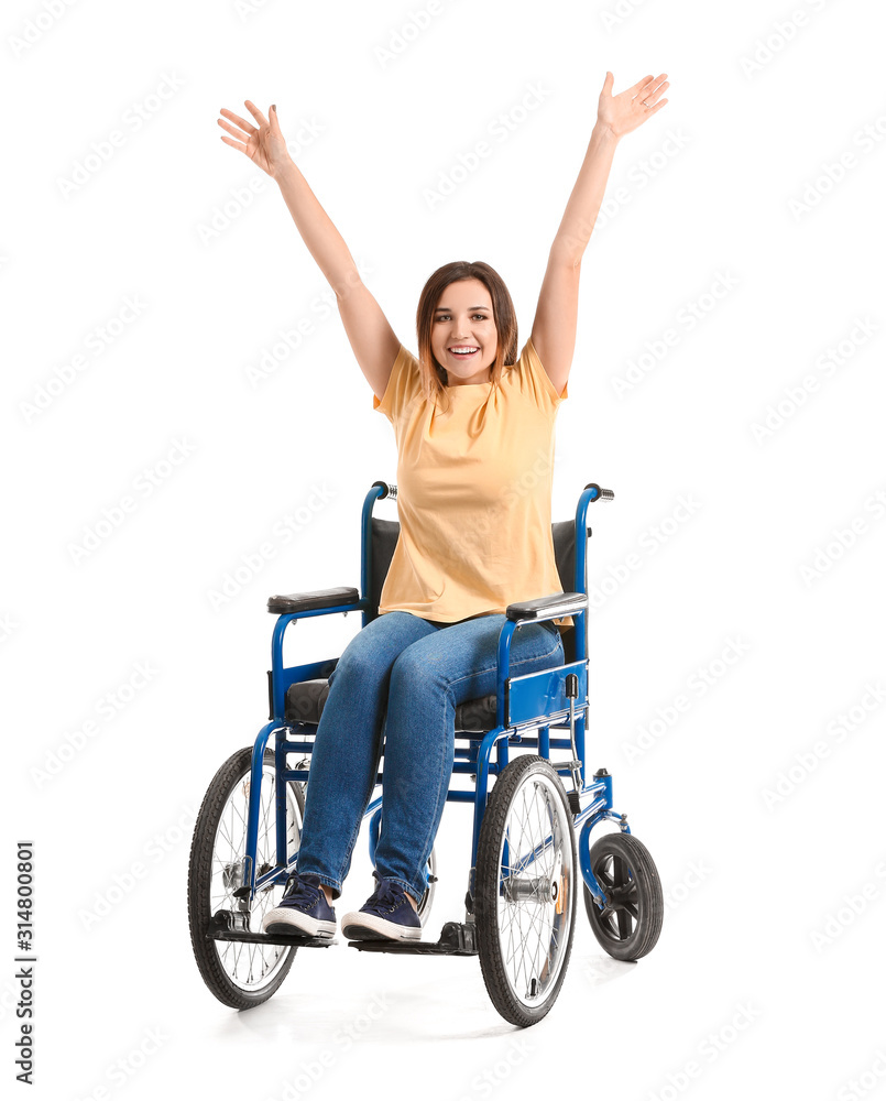 Happy young woman in wheelchair on white background Happy young woman in wheelchair on white background