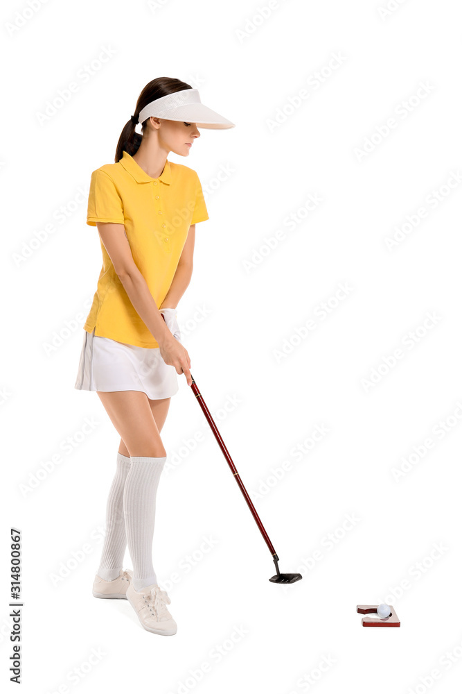 Beautiful female golfer isolated on white Beautiful female golfer isolated on white