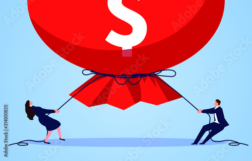 Male and female businessmen tighten money bags, family finances