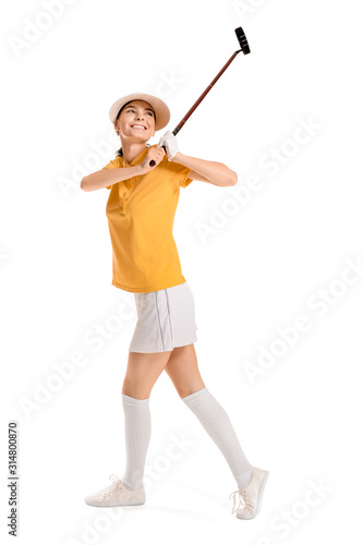 Beautiful female golfer isolated on white