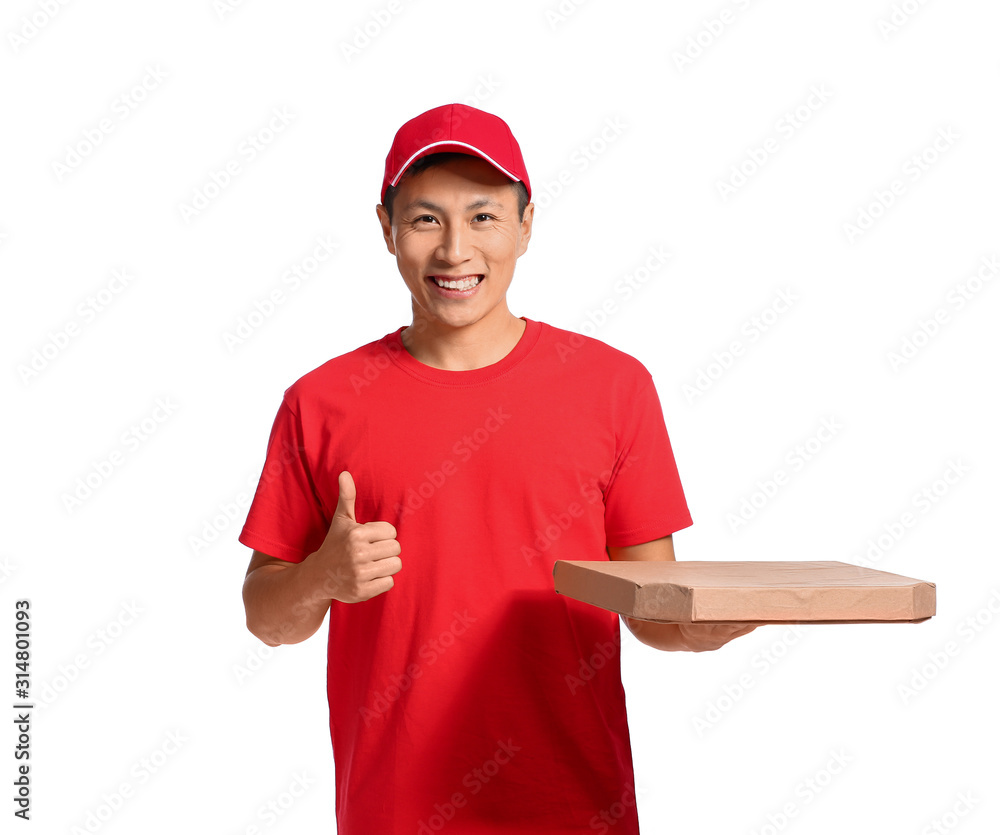 Asian worker of food delivery service showing thumb-up on white background