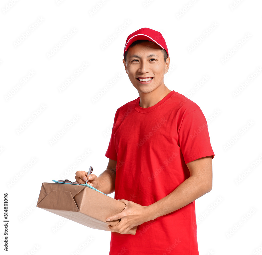 Asian courier with parcel on white background Asian courier with parcel on white background