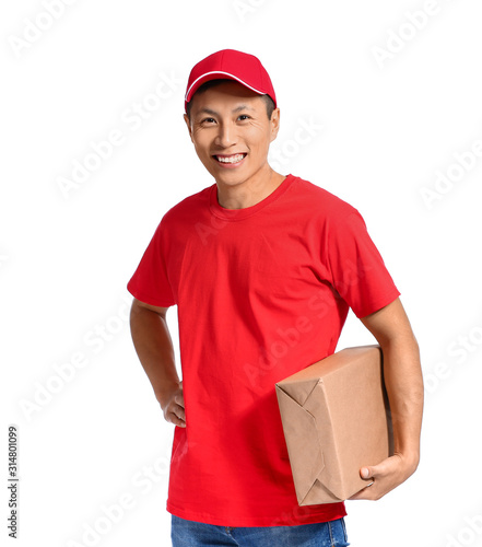 Asian courier with parcel o...