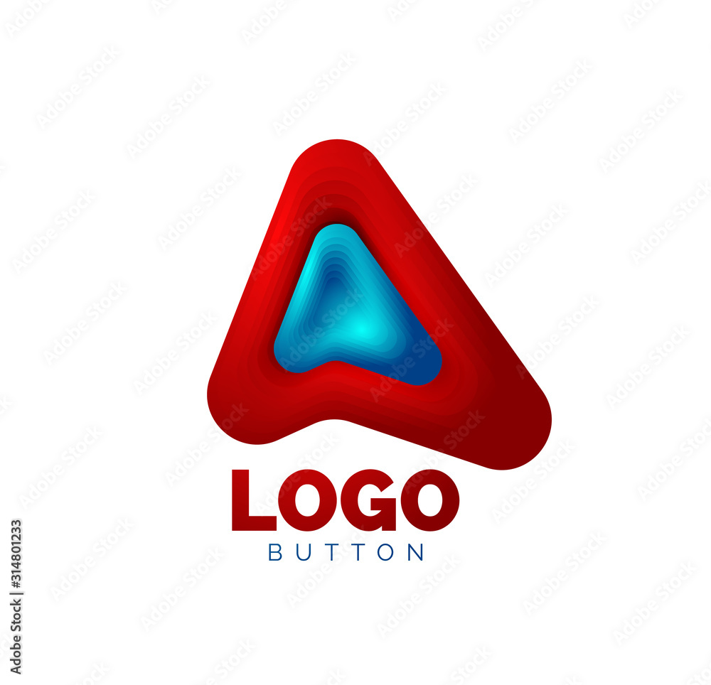 Arrow logo template. Or play or download button logotype template. Minimal geometrical design, 3d geometric bold symbol in relief style with color blend steps effect. Vector Illustration Arrow logo template. Or play or download button logotype template. Minimal geometrical design, 3d geometric bold symbol in relief style with color blend steps effect. Vector Illustration