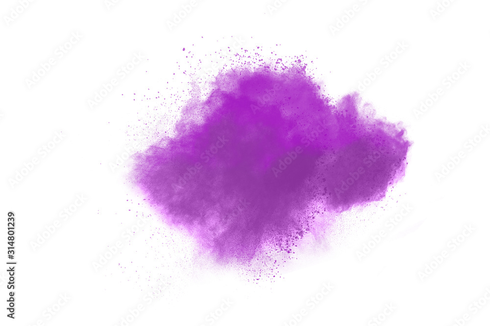 Explosion of purple powder, isolated on white background
