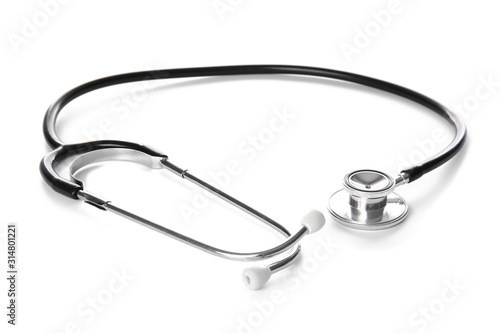 Modern stethoscope on white background photo