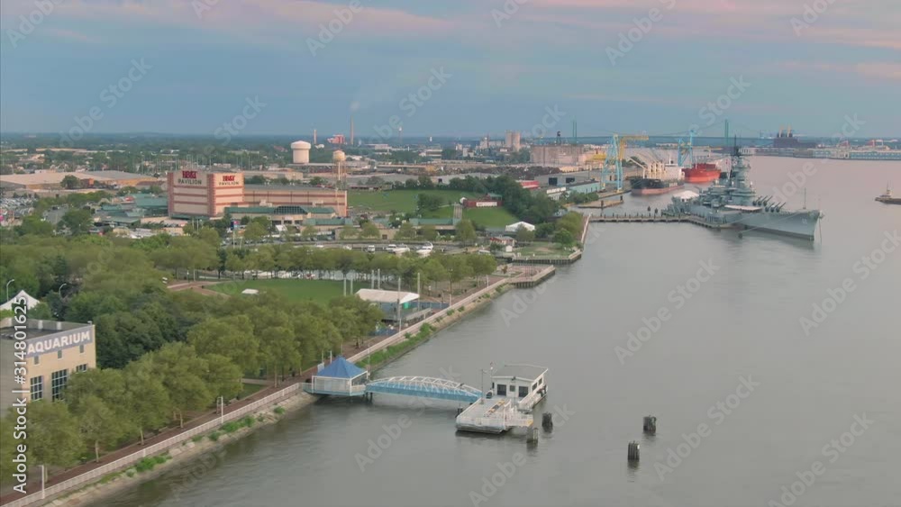 Aerial: Waterfront and piers of Camden at sunrise, New Jersey, USA. 24 August 2019 Aerial: Waterfront and piers of Camden at sunrise, New Jersey, USA. 24 August 2019