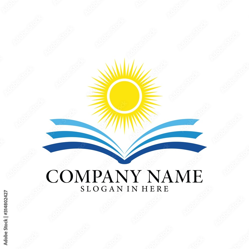 Fototapeta premium Open book and sunshine. Concept logo design. Symbolizes the great power of knowledge, the light of education, development of knowledge, and educational ideals.