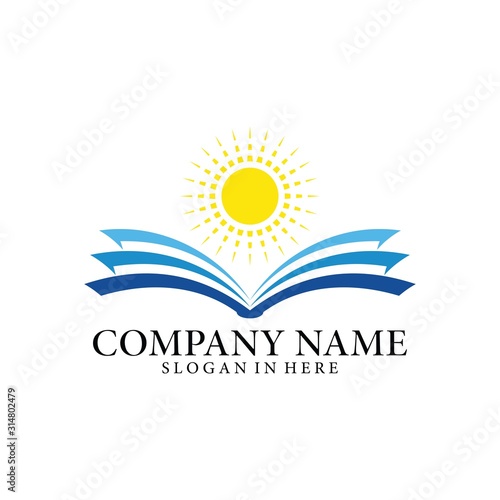 Open book and sunshine. Concept logo design. Symbolizes the great power of knowledge, the light of education, development of knowledge, and educational ideals.