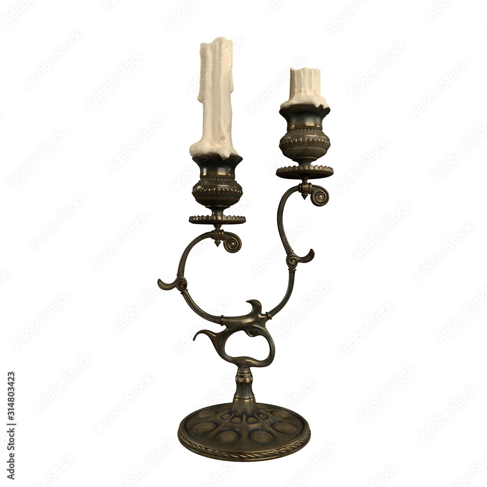 Old 3d antique bronze double candelstick with candels isolated on white background