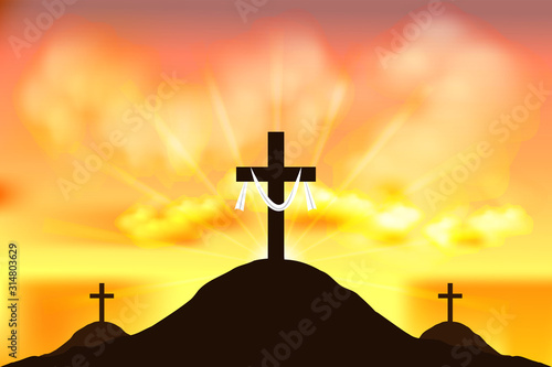 Christian religious design for Easter celebration. Resurrection of Jesus Christ. The dawn of the new morning and the cross is empty. Vector illustration