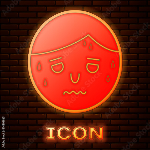 Glowing neon Man with excessive sweating icon isolated on brick wall background. Vector Illustration