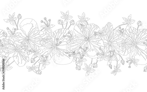 Floral seamless black and white brush with abstract flowers with bud on white background.
