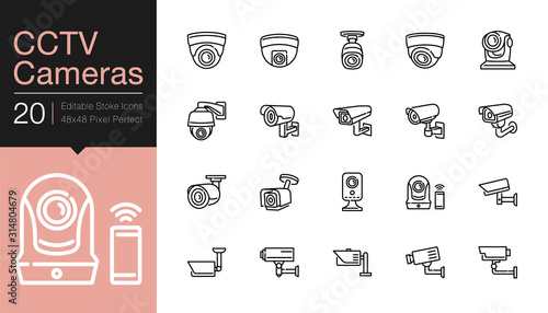CCTV Cameras & Security Camera Systems icons. Modern line design. For presentation, graphic design, mobile application, web design, infographics, UI. Editable Stroke.