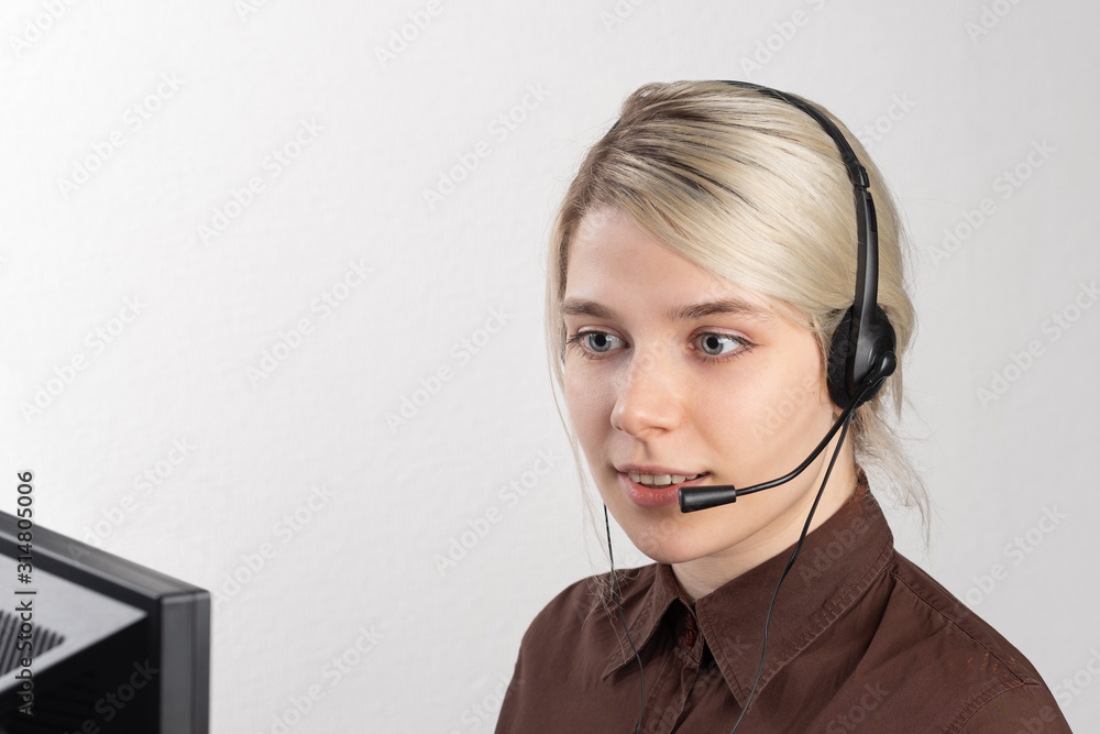 Support phone operator in headset, isolated on white. Support phone operator in headset, isolated on white.