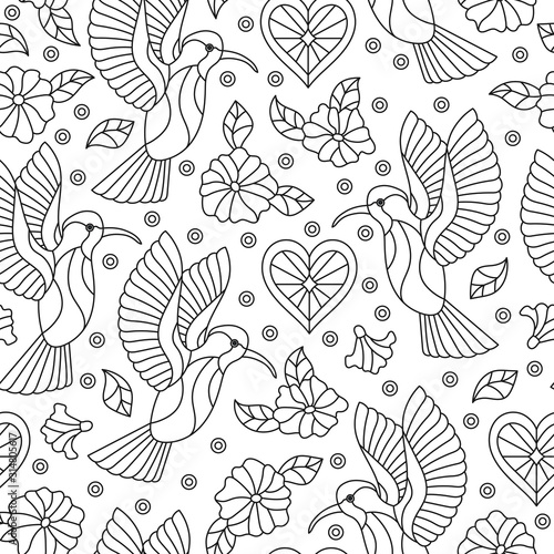 Seamless pattern with contour Hummingbird birds and flowers on a white background