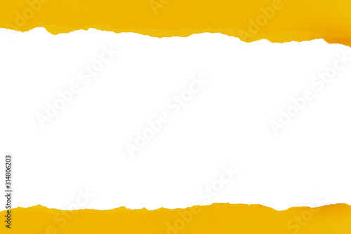 Torn paper with rolled edge with blank space. Torn paper with white copy space. Empty space for your message. Two pieces of torn paper with opening showing white clipping path. © Aleksei