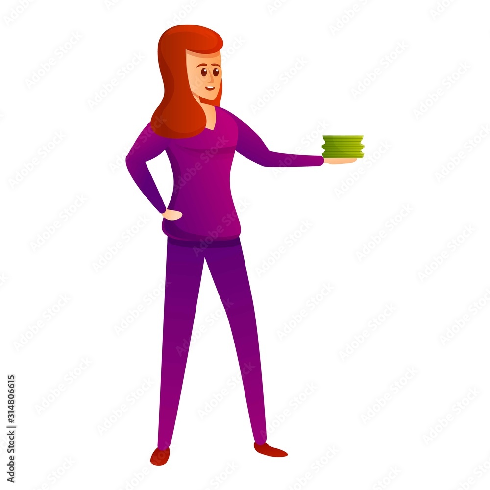 Woman takes cash money icon. Cartoon of woman takes cash money vector icon for web design isolated on white background Woman takes cash money icon. Cartoon of woman takes cash money vector icon for web design isolated on white background