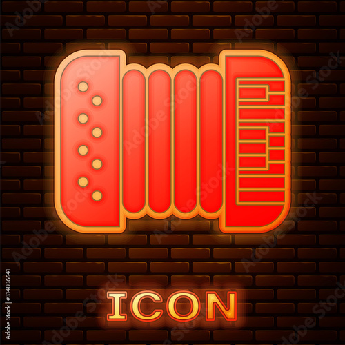 Glowing neon Musical instrument accordion icon isolated on brick wall background. Classical bayan, harmonic. Vector Illustration