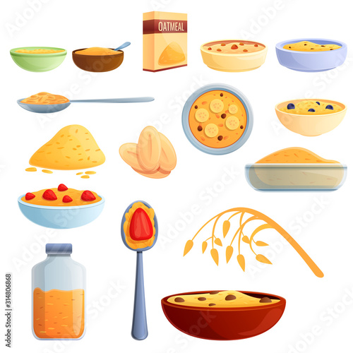 Oatmeal icons set. Cartoon set of oatmeal vector icons for web design