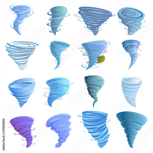 Tornado icons set. Cartoon set of tornado vector icons for web design