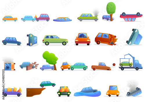 Car accident icons set. Cartoon set of car accident vector icons for web design