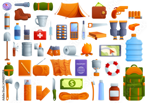 Survival icons set. Cartoon set of survival vector icons for web design